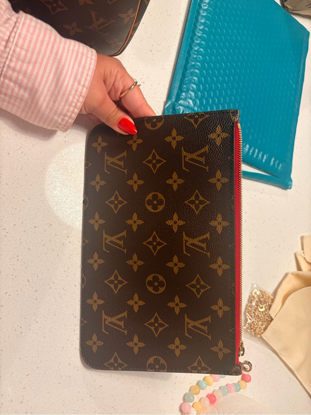 Louis Vuitton Monogram Zip Pouch in Brown with Red Zip